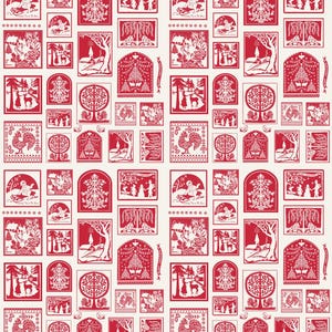 Tkanina Buon Natale firmy Fig Tree Quilts dla Moda – panel z tkaniny na kartki świąteczne w kolorze czerwonym i białym, 17 3/4" x 44"
