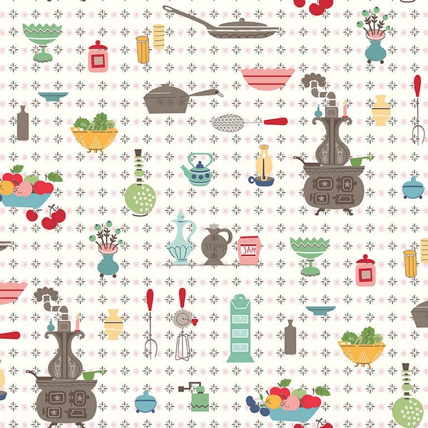 Lori Holt Cook Book Fabric by Riley Blake - White Kitchen "Wallpaper" Fabric by the 1/2 Yard or Fat Quarter