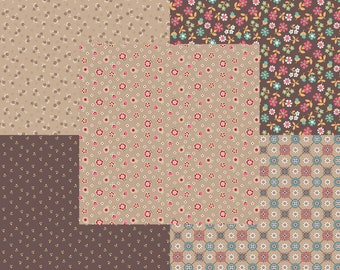 Lori Holt Mercantile Fabric Fat Quarter Bundle - 5pc Tan & Brown Color Bundle