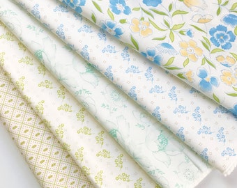 Fig Tree Linen Cupboard Fabric Fat Quarter Color Bundle - 5pc Low Volume White, Blue & Green Color Bundle