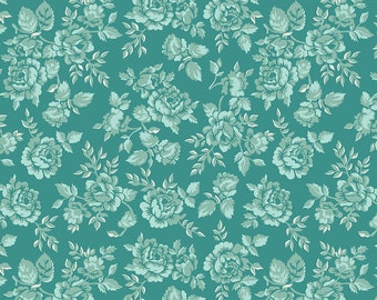 Home Town Fabric by Lori Holt for Riley Blake - Teal Large Floral Rose Fabric by the 1/2 Yard or Fat Quarter