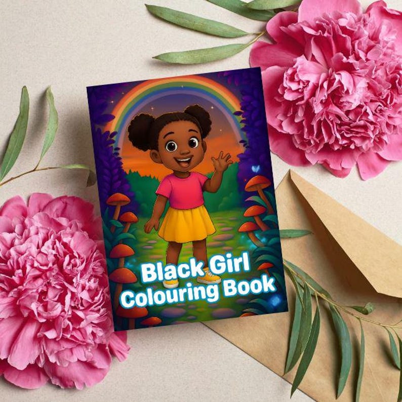 Peut inclure: Un livre de coloriage "Black Girl" avec une illustration de dessin anim&eacute; d'une petite fille noire souriante en chemise rose et jupe jaune, sur fond d'arc-en-ciel et de for&ecirc;t. Entour&eacute; de fleurs roses et d'une enveloppe brune.