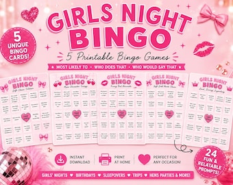 Pakiet „Bingo na wieczór panieński”, 5 gier imprezowych do wydrukowania na urodziny, piżamowe spotkania i wyjazdy dla dziewczyn