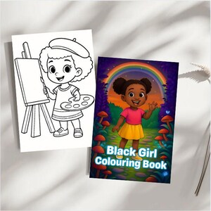 Peut inclure: Deux livres de coloriage pour enfants. L'un est une illustration en noir et blanc d'une artiste avec un b&eacute;ret, tenant un pinceau et une palette. L'autre est un livre color&eacute; avec une fille en chemise rose et jupe jaune, avec le texte "Black Girl Colouring Book".