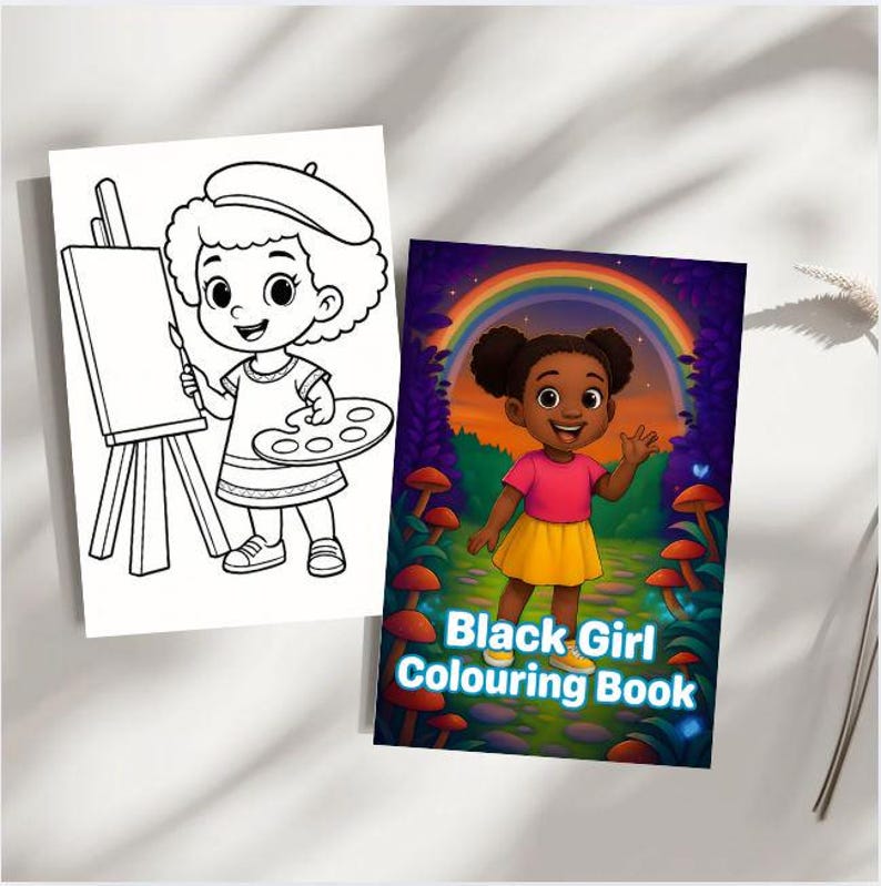 Peut inclure: Deux livres de coloriage pour enfants. L'un est une illustration en noir et blanc d'une artiste avec un b&eacute;ret, tenant un pinceau et une palette. L'autre est un livre color&eacute; avec une fille en chemise rose et jupe jaune, avec le texte "Black Girl Colouring Book".