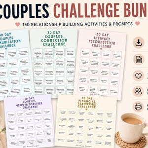 May include: A 5-piece couples challenge bundle featuring 150 relationship activities and prompts. The set includes five printable challenge sheets in light blue, green, pink, purple, and cream, each with a 30-day grid of tasks and checkboxes.