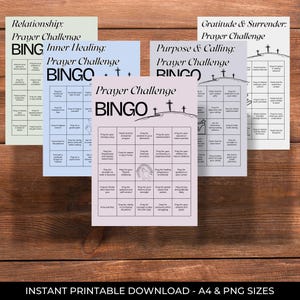 May include: A collection of printable prayer challenge bingo cards in various pastel colors. Each card features a different theme, such as relationships, inner healing, purpose, and gratitude. The cards include text and graphics.
