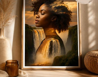 Black Woman Waterfall Wall Art, African Queen Printable, Afro Natural Hair Art, Digital Download