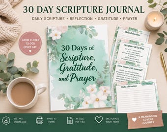 30 Day Scripture Journal, Christian Prayer Bible Study Workbook (A4 PDF)