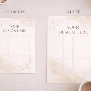 May include: Two cream-colored paper sheets, one 5x7 inches and the other A4 size, are displayed. Each sheet has a watercolor wash design and the text "YOUR DESIGN HERE". Both sheets feature a grid of nine squares and floral corner accents.