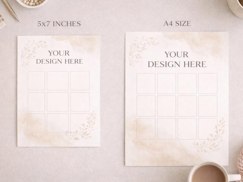 May include: Two cream-colored paper sheets, one 5x7 inches and the other A4 size, are displayed. Each sheet has a watercolor wash design and the text "YOUR DESIGN HERE". Both sheets feature a grid of nine squares and floral corner accents.