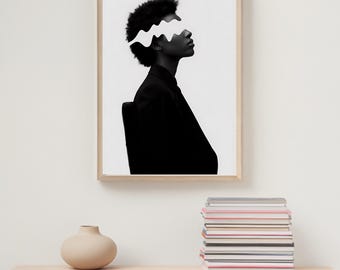 Abstrakte schwarze Frau Wandkunst, minimalistisches afrikanisches druckbares, modernes feminines Silhouette-Dekor