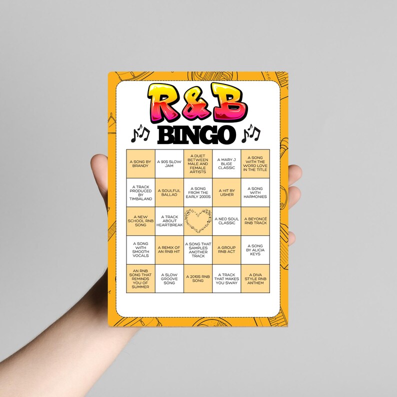Puede incluir: Una tarjeta rectangular del juego de Bingo R&B con un borde amarillo y un interior blanco. La parte superior de la tarjeta presenta las palabras "R&B BINGO" en letras coloridas. La tarjeta est&aacute; dividida en cuadrados con indicaciones tem&aacute;ticas de R&B.