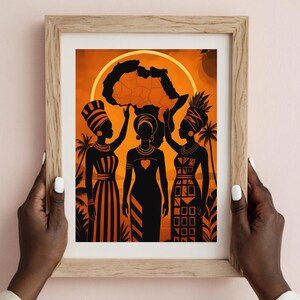Poster stampabile con donne africane, sorellanza nera e mappa dell'Africa, download digitale.
