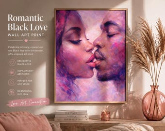 Romantische schwarze Liebeswandkunst, zartrosa Paar-Kuss-Malerei, intime Afro-Kunstdruck