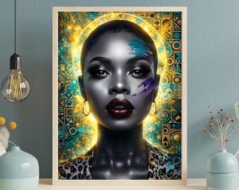 Muurkunst portret zwarte vrouw, afrocentrische gouden abstracte schoonheidsprint