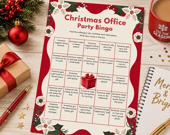 Puede incluir: Una tarjeta de juego de Bingo para fiestas de oficina de Navidad con una cuadrícula de veinticinco casillas con consignas navideñas. La tarjeta tiene un borde rojo y blanco con ilustraciones de flores de pascua y un regalo rojo central.
