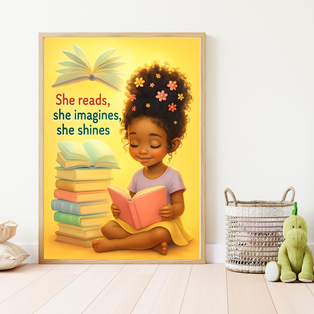 Black Girl Reading Wall Art Print | Nursery Décor | Girls Bedroom Book ...
