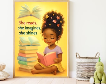 Zwart meisje lezend kunst aan de muur | Kinderkamerdecoratie | Boekkunst meisjes slaapkamer
