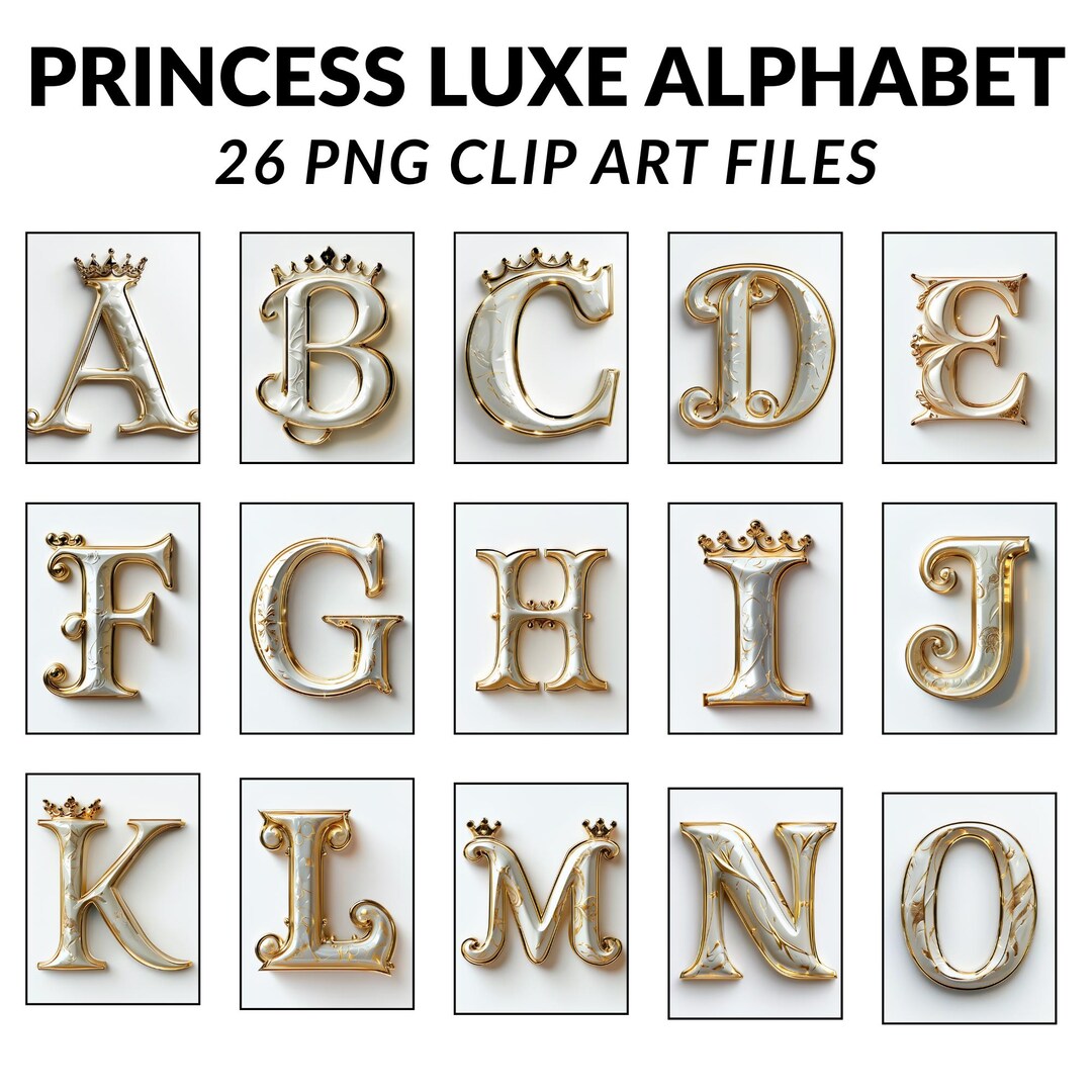 Princess Alphabet Clipart PNG Gold Letters Crown Luxe A-Z Bundle - Etsy