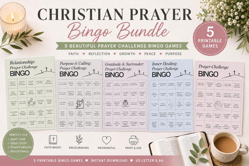 Christian Prayer Bingo Bundle, Faith Based Printable Games, Bible Study Activities, Prayer Challenge Worksheets, Christian Women Devotional Pack