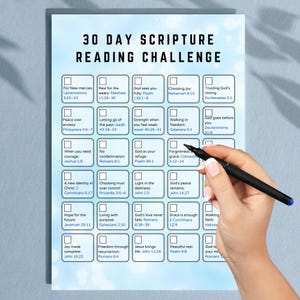 May include: A teal and white 30-day Scripture reading challenge chart. The chart includes a list of Bible verses with corresponding themes such as "Peace over anxiety" and "Joy made complete". A black pen is held over the chart.