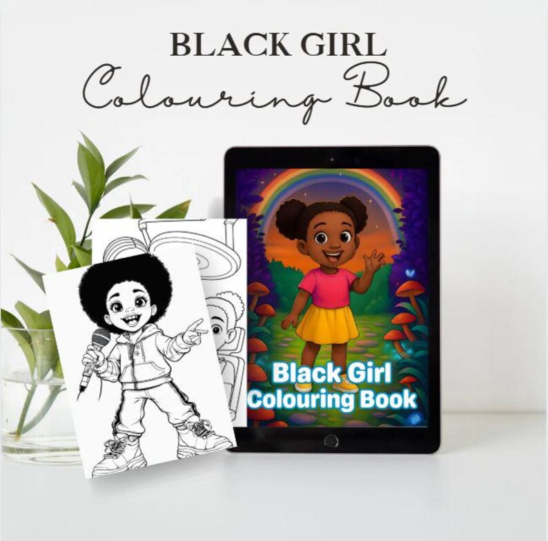 Peut inclure: Une tablette num&eacute;rique affiche une illustration color&eacute;e d'une petite fille noire en chemise rose et jupe jaune, avec un arc-en-ciel en arri&egrave;re-plan. &Agrave; c&ocirc;t&eacute;, des pages de cahier de coloriage avec une illustration en noir et blanc d'un enfant noir avec un microphone. Le texte "Black Girl Colouring Book" est visible.
