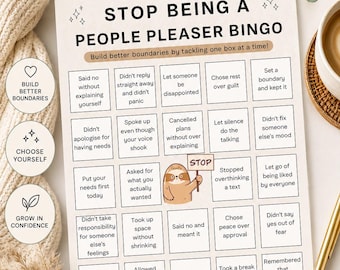 Stop People Pleaser Bingo, Arkusz ćwiczeń do ustalania granic, Dbanie o siebie (Pobierz cyfrowo)