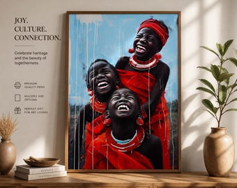 Stampa artistica "Bambini africani gioiosi", ritratto tribale rosso, arte murale culturale afrocentrica (download digitale)
