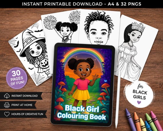 Black Girl Coloring Book Printable, 30 Page Kids Activity PDF & PNG