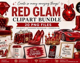 Red Glam Clipart Bundle, Luxury Fashion PNG, Crowns, Heels (Digital Download)