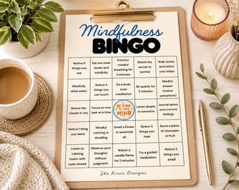 マインドフルネスビンゴ印刷可能ゲーム、大人向けアクティビティ、メンタルヘルスリソース（A4 PDF、5x7 PNG）