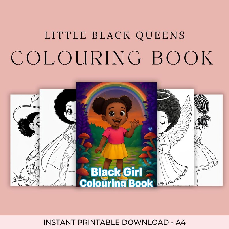 Peut inclure: Plusieurs livres de coloriage intitul&eacute;s "Little Black Queens Colouring Book". La couverture pr&eacute;sente une petite fille noire souriante sous un arc-en-ciel. Le livre est intitul&eacute; "Black Girl Colouring Book". Les autres livres sont des dessins au trait en noir et blanc.