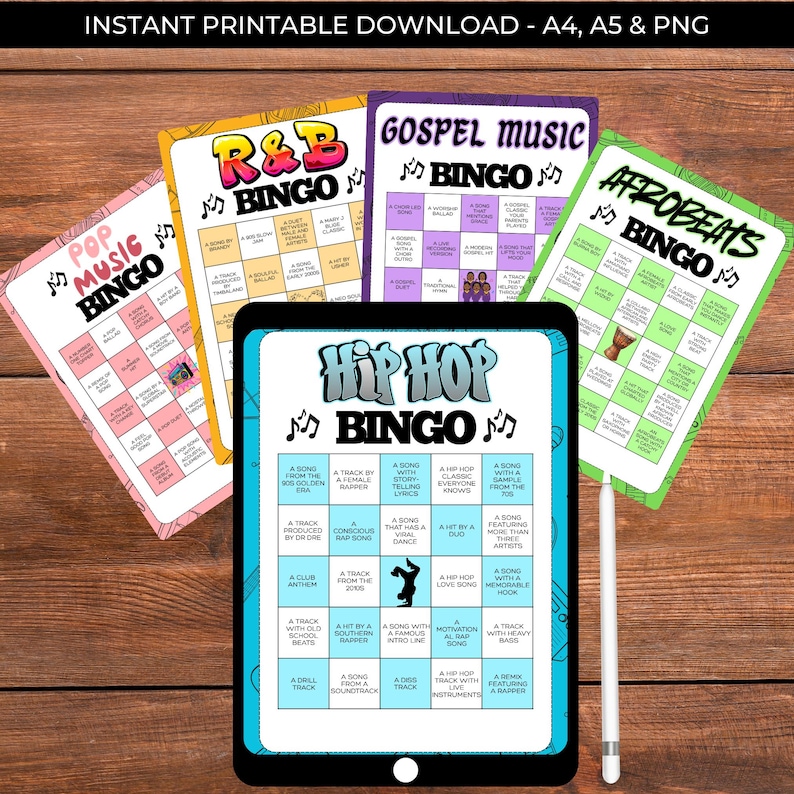 Music Bingo Bundle | Set of Five Different Genres Bingo Cards (Digital Download)