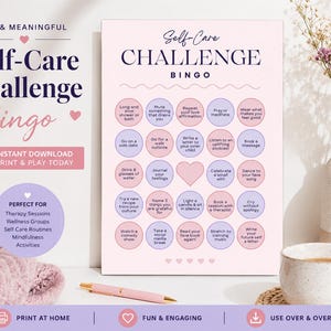 May include: A Self-Care Challenge Bingo card printed on a rectangular sheet with a light pink background. The grid features alternating light pink and light purple circles containing various wellness prompts, with a central heart icon.