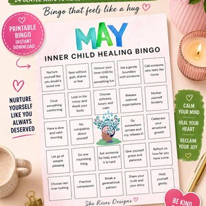 May include: A printable May Inner Child Healing Bingo game with a pink and teal color scheme. The bingo card features self-care prompts and is designed to promote emotional growth and self-love. Includes a printable bingo instant download.