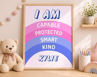 Personalised Kids Affirmation Print Custom Name Positive Rainbow Nursery Bedroom Wall Art Confidence Poster