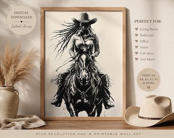 Black Cowgirl Wall Art Print, Western Afro Woman Decor, Monochrome Horseback Rider (Digital Download)