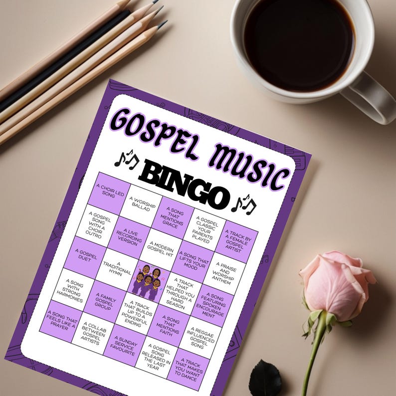 May include: A Gospel Music Bingo game card with a purple border and the words "Gospel Music Bingo" in large letters. The card features various bingo squares with gospel music-related themes, a cup of coffee, and a pink rose.