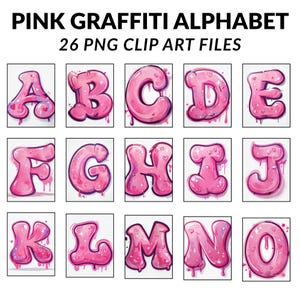以下が含まれることがあります： ピンクのグラフィティアルファベットのクリップアート。AからOまでの文字が含まれています。バブルスタイルの文字は、滴るペイント効果と小さなハートのアクセントが付いています。文字は白い背景に配置され、上部に「PINK GRAFFITI ALPHABET」と「26 PNG CLIP ART FILES」の文字があります。