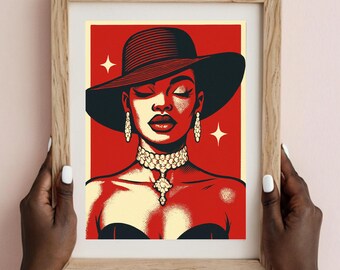 Arte mural glamoroso de mujer negra, impresión de retrato de diva afro, decoración con ilustración de moda en rojo