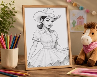 May include: A black and white line art drawing in a wooden frame depicting a person wearing a cowboy hat and a button-down dress with a belted waist. The illustration features clean outlines and subtle shading, showcasing a western-inspired outfit.
