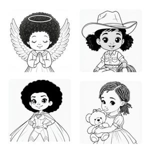 Peut inclure: Quatre illustrations en noir et blanc d'enfants costum&eacute;s. On y voit un ange avec une aur&eacute;ole et des ailes, une cowgirl avec un chapeau et une corde, une super-h&eacute;ro&iuml;ne et un enfant tenant un ours en peluche.