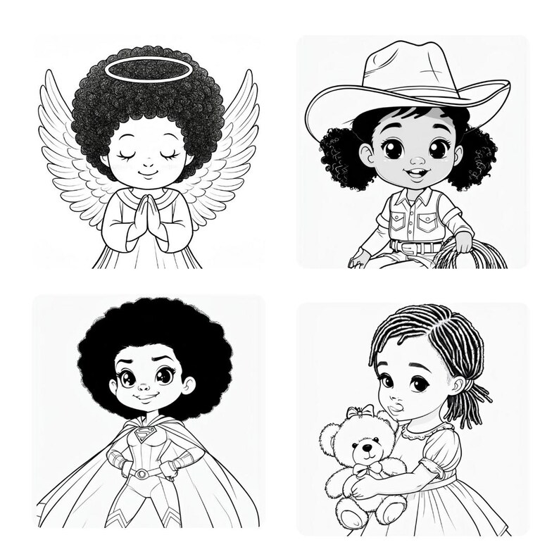 Peut inclure: Quatre illustrations en noir et blanc d'enfants costum&eacute;s. On y voit un ange avec une aur&eacute;ole et des ailes, une cowgirl avec un chapeau et une corde, une super-h&eacute;ro&iuml;ne et un enfant tenant un ours en peluche.