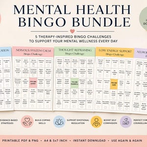 May include: A printable mental health bingo bundle with five therapy-inspired challenges. The bingo cards are color-coded and include challenges for emotional regulation, nervous system calm, thought reframing, low energy support, and neurodivergent support. The text reads "Mental Health Bingo Bundle".