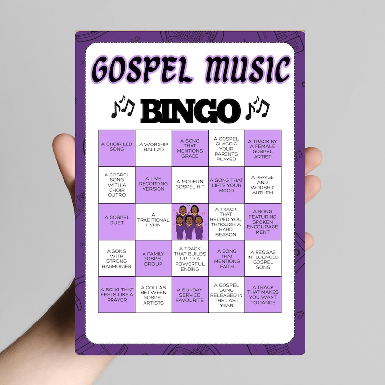 May include: A purple and white Gospel Music Bingo game card. The card features the text "GOSPEL MUSIC" and "BINGO" in large, stylized fonts. The bingo card has a grid of squares with various gospel-related phrases.