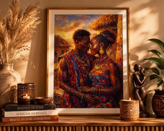 African Black Couple Romantic Love Portrait Colorful Cultural Wall Art Printable Painting