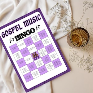 May include: A purple and white Gospel Music Bingo game card with musical notes. The card features various bingo squares with phrases like "A Choir Led Song" and "A Song That Mentions Grace". The words "Gospel Music Bingo" are at the top.