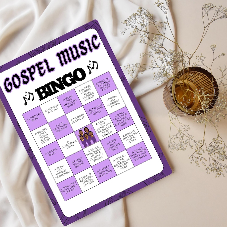 May include: A purple and white Gospel Music Bingo game card with musical notes. The card features various bingo squares with phrases like "A Choir Led Song" and "A Song That Mentions Grace". The words "Gospel Music Bingo" are at the top.