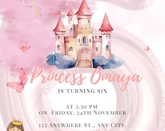 Rosa Prinzessin Geburtstagseinladung | Bearbeitbare digitale Mädchen-Geburtstagsfeier einladen | Prinzessin Schloss Theme | Sofort Download